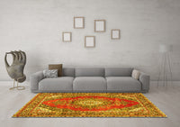 Machine Washable Medallion Yellow Traditional Rug, wshtr2893yw