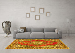 Machine Washable Medallion Yellow Traditional Rug in a Living Room, wshtr2893yw