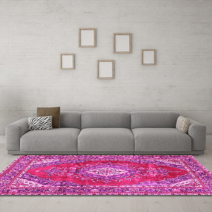 Machine Washable Medallion Pink Traditional Rug in a Living Room, wshtr2893pnk