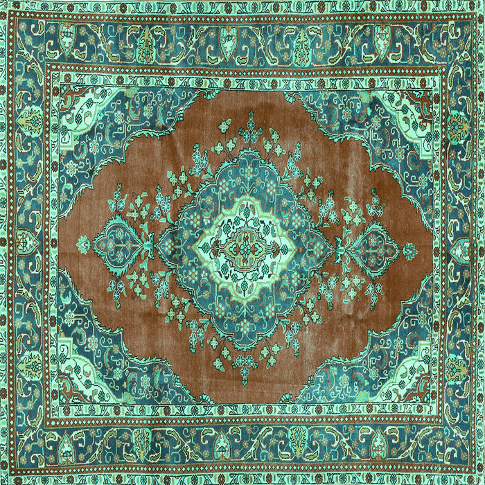 Square Machine Washable Medallion Turquoise Traditional Area Rugs, wshtr2893turq