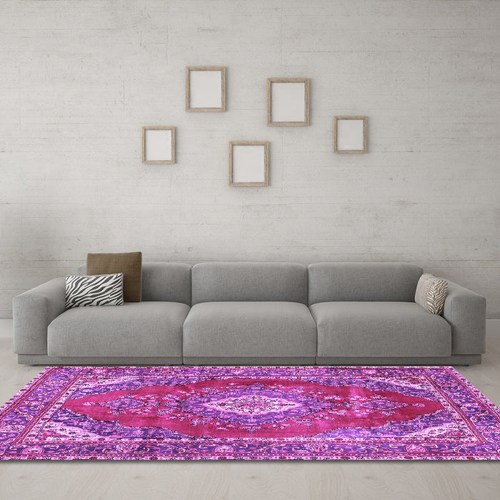 Machine Washable Medallion Purple Traditional Area Rugs in a Living Room, wshtr2893pur