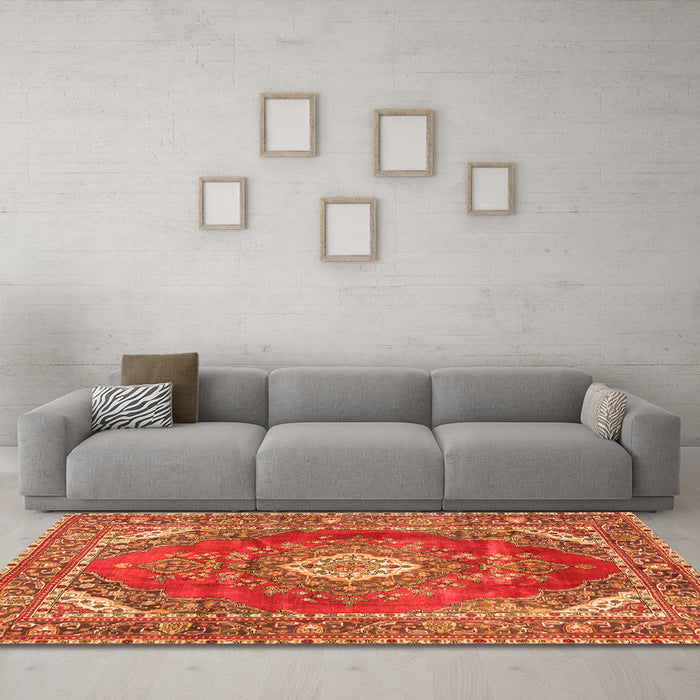 Machine Washable Medallion Orange Traditional Area Rugs in a Living Room, wshtr2893org