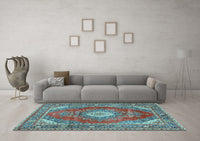 Machine Washable Medallion Light Blue Traditional Rug, wshtr2893lblu