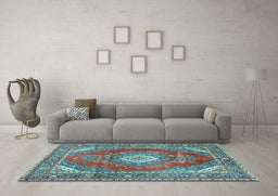 Machine Washable Medallion Light Blue Traditional Rug in a Living Room, wshtr2893lblu