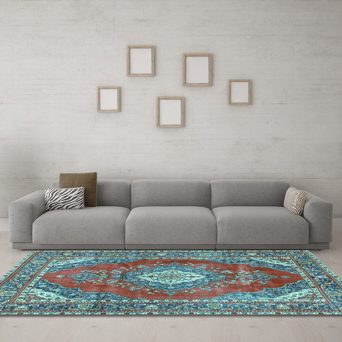 Machine Washable Medallion Light Blue Traditional Rug in a Living Room, wshtr2893lblu