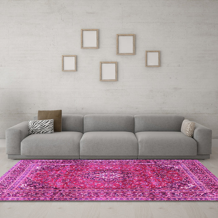 Machine Washable Medallion Pink Traditional Rug in a Living Room, wshtr2894pnk