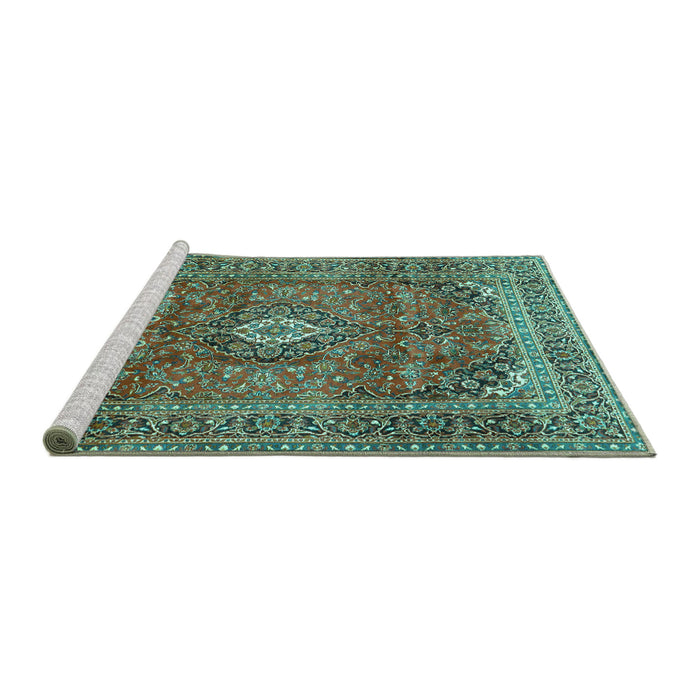 Sideview of Machine Washable Medallion Turquoise Traditional Area Rugs, wshtr2894turq
