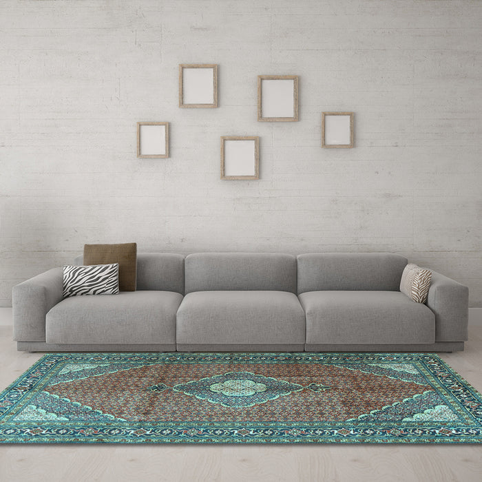 Machine Washable Medallion Light Blue Traditional Rug in a Living Room, wshtr2896lblu