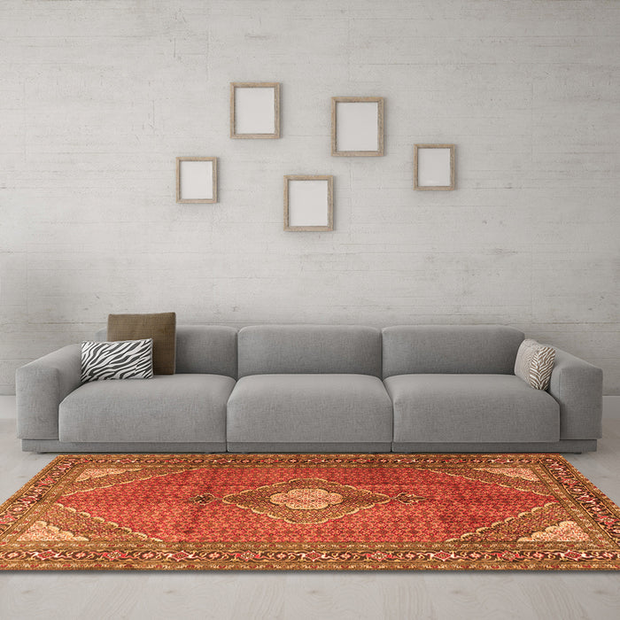 Machine Washable Medallion Orange Traditional Area Rugs in a Living Room, wshtr2896org