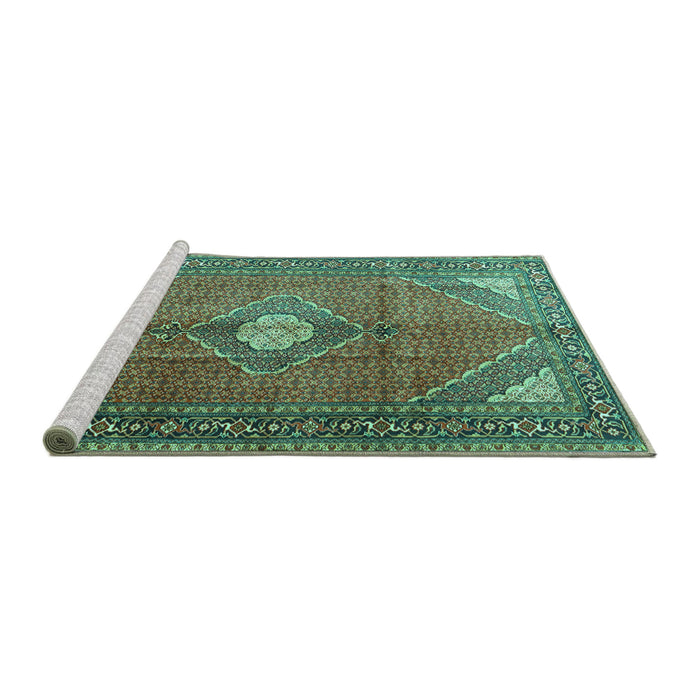 Sideview of Machine Washable Medallion Turquoise Traditional Area Rugs, wshtr2896turq
