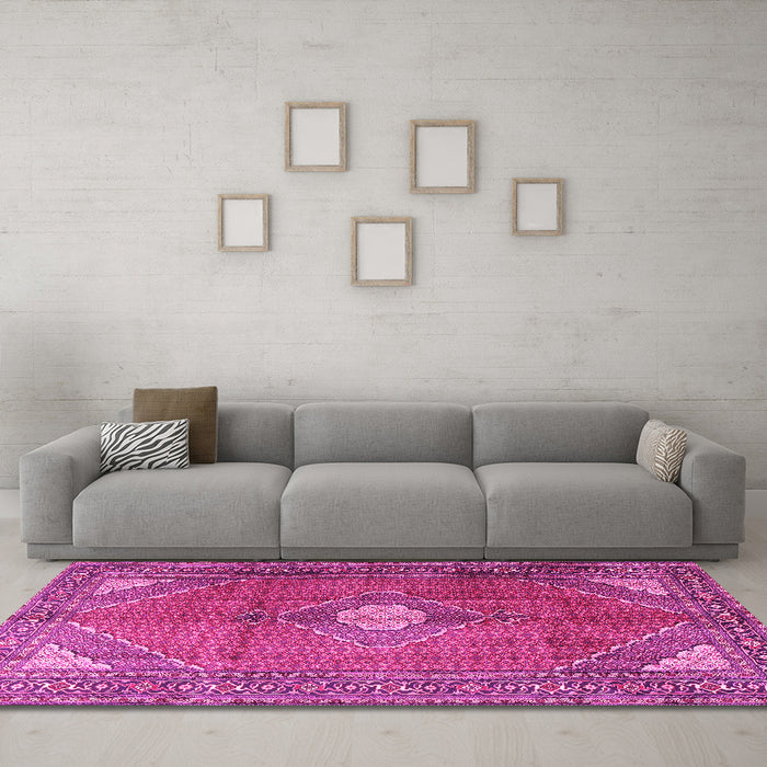 Machine Washable Medallion Pink Traditional Rug in a Living Room, wshtr2896pnk