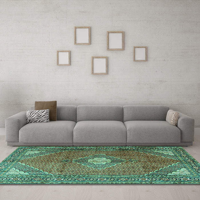 Machine Washable Medallion Turquoise Traditional Area Rugs in a Living Room,, wshtr2896turq