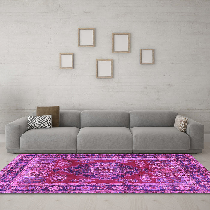 Machine Washable Persian Purple Traditional Area Rugs in a Living Room, wshtr2897pur
