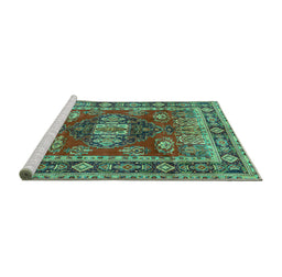 Sideview of Machine Washable Persian Turquoise Traditional Area Rugs, wshtr2897turq