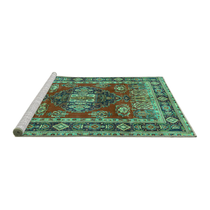 Sideview of Machine Washable Persian Turquoise Traditional Area Rugs, wshtr2897turq