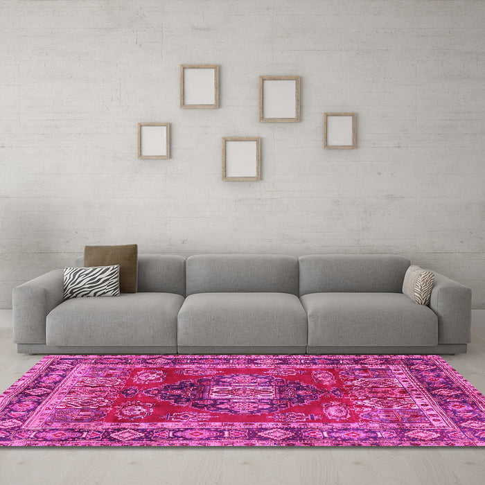 Machine Washable Persian Pink Traditional Rug in a Living Room, wshtr2897pnk
