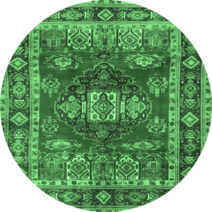 Round Machine Washable Persian Emerald Green Traditional Area Rugs, wshtr2897emgrn
