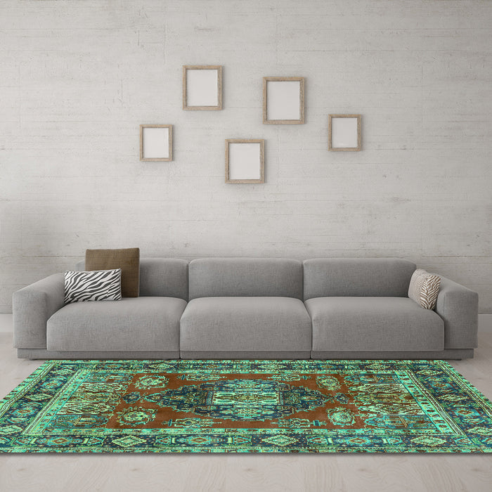 Machine Washable Persian Turquoise Traditional Area Rugs in a Living Room,, wshtr2897turq