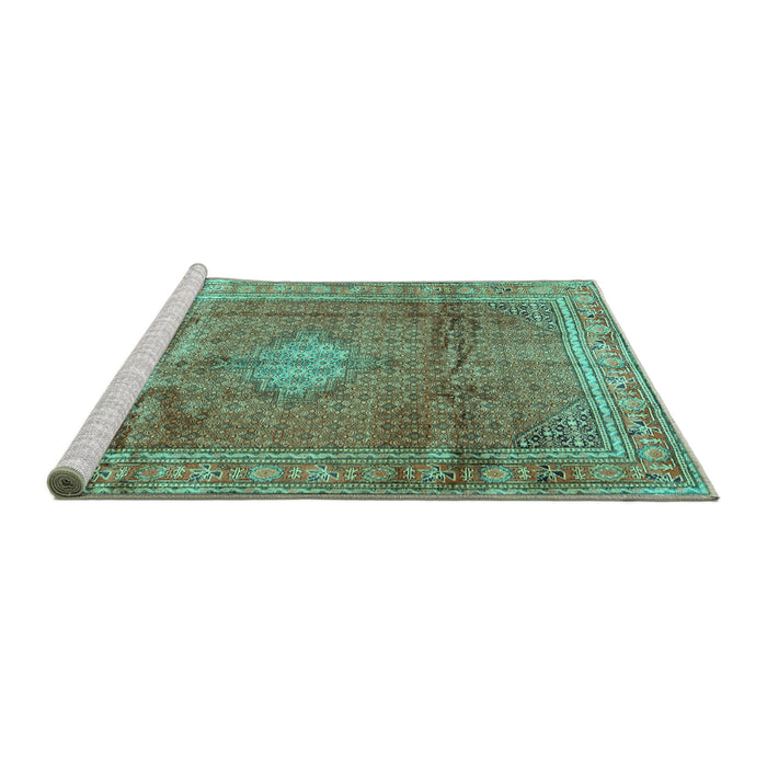 Sideview of Machine Washable Persian Turquoise Traditional Area Rugs, wshtr2898turq