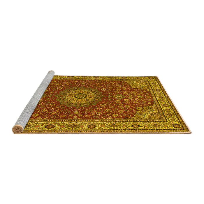 Sideview of Machine Washable Medallion Yellow Traditional Rug, wshtr28yw