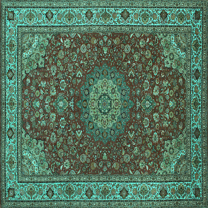 Square Machine Washable Medallion Turquoise Traditional Area Rugs, wshtr28turq