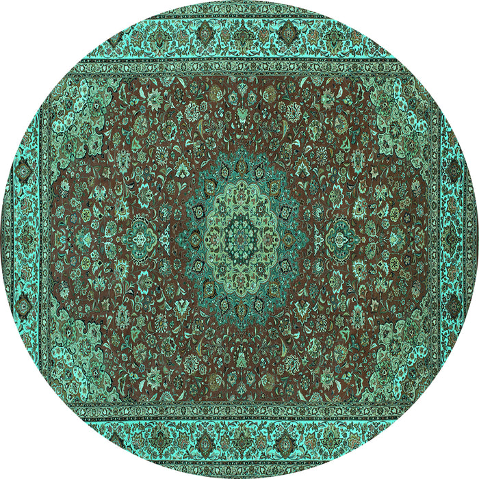 Round Machine Washable Medallion Turquoise Traditional Area Rugs, wshtr28turq