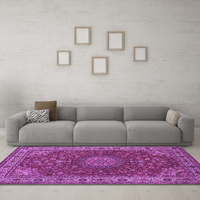Machine Washable Medallion Purple Traditional Area Rugs in a Living Room, wshtr28pur