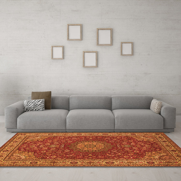 Machine Washable Medallion Orange Traditional Area Rugs in a Living Room, wshtr28org