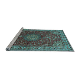 Sideview of Machine Washable Medallion Light Blue Traditional Rug, wshtr28lblu