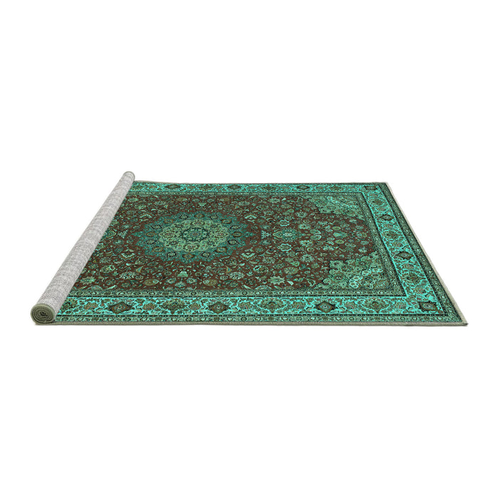 Sideview of Machine Washable Medallion Turquoise Traditional Area Rugs, wshtr28turq