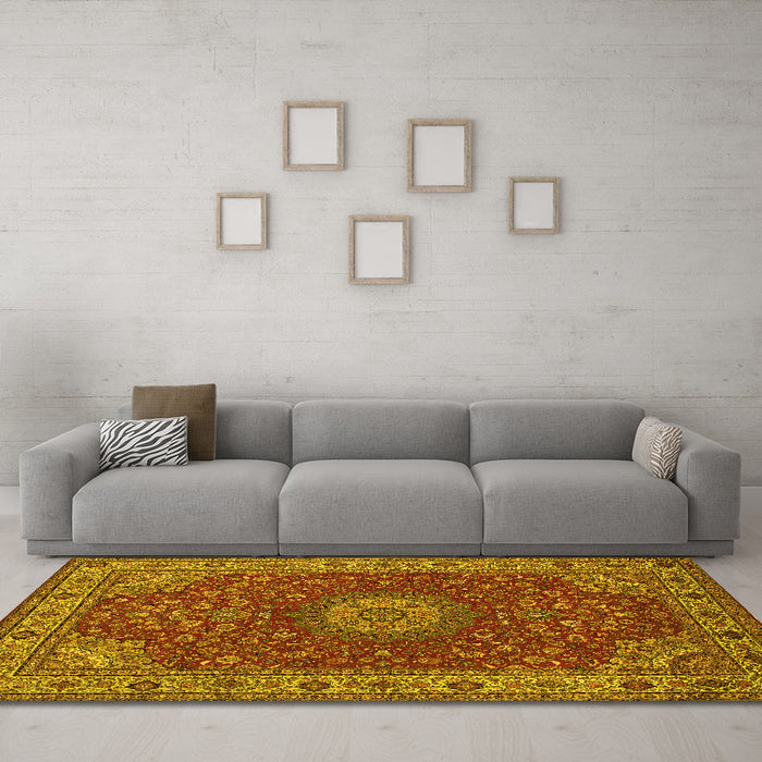 Machine Washable Medallion Yellow Traditional Rug in a Living Room, wshtr28yw