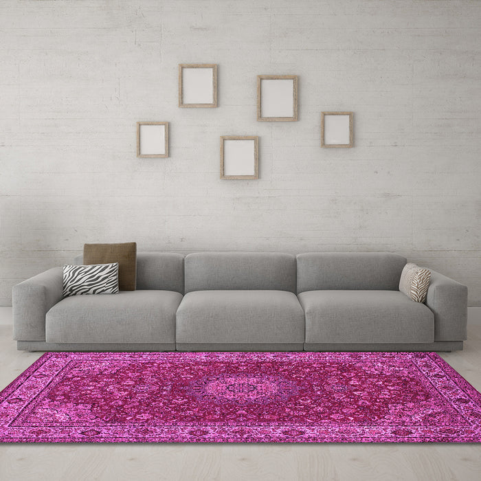 Machine Washable Medallion Pink Traditional Rug in a Living Room, wshtr28pnk
