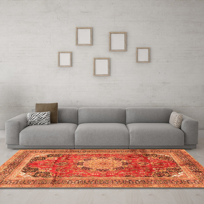 Machine Washable Medallion Orange Traditional Area Rugs in a Living Room, wshtr2900org