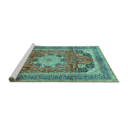 Sideview of Machine Washable Medallion Turquoise Traditional Area Rugs, wshtr2900turq