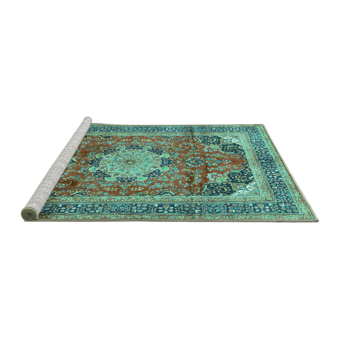 Sideview of Machine Washable Medallion Turquoise Traditional Area Rugs, wshtr2900turq
