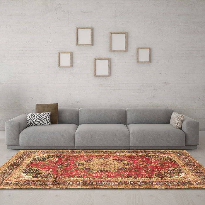 Machine Washable Medallion Brown Traditional Rug in a Living Room,, wshtr2900brn