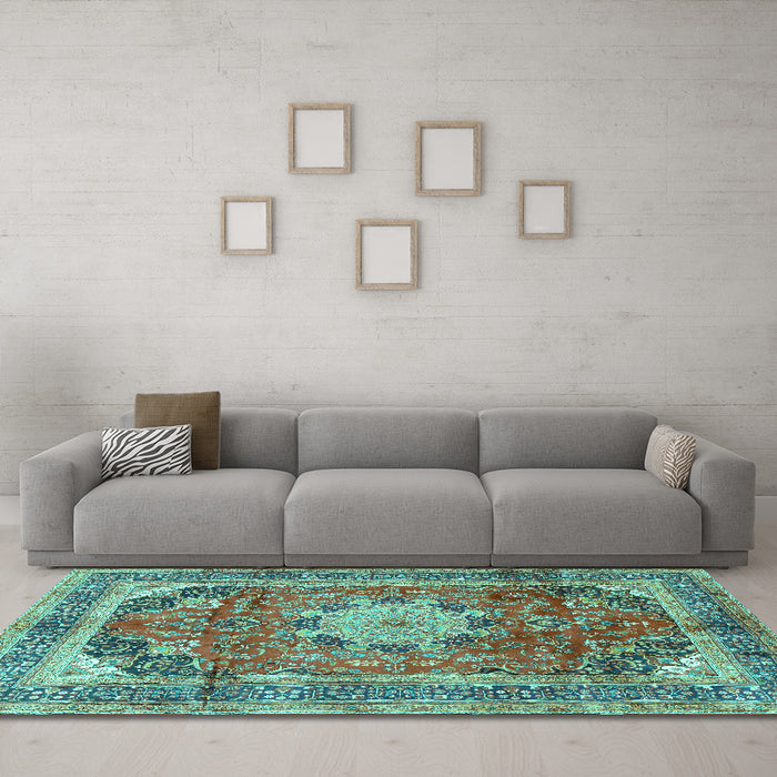 Machine Washable Medallion Turquoise Traditional Area Rugs in a Living Room,, wshtr2900turq