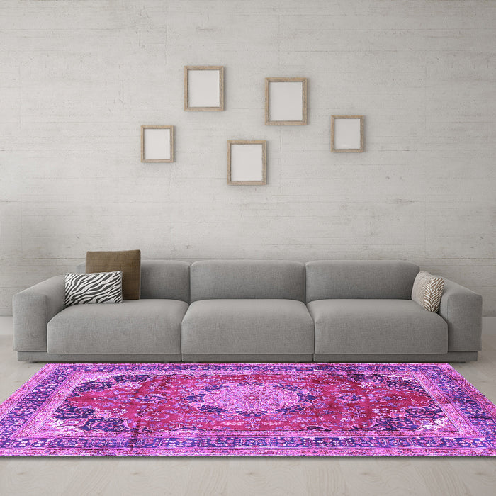 Machine Washable Medallion Purple Traditional Area Rugs in a Living Room, wshtr2900pur