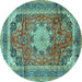 Round Machine Washable Medallion Turquoise Traditional Area Rugs, wshtr2900turq