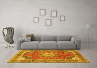 Machine Washable Medallion Yellow Traditional Rug, wshtr2900yw