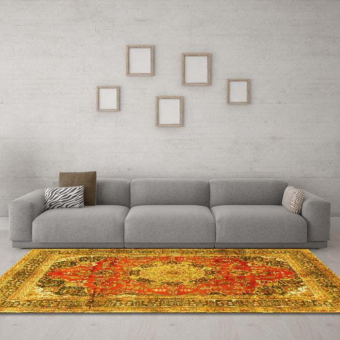 Machine Washable Medallion Yellow Traditional Rug in a Living Room, wshtr2900yw