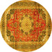 Round Machine Washable Medallion Yellow Traditional Rug, wshtr2900yw