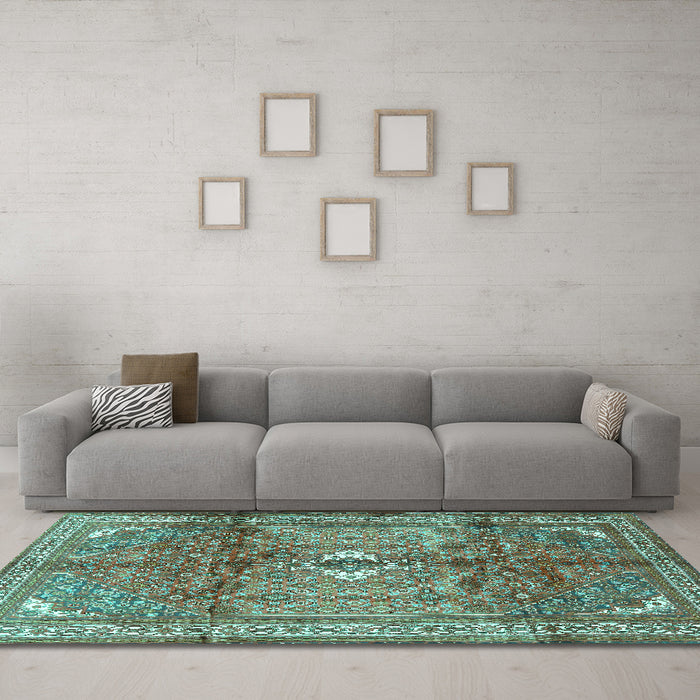 Machine Washable Persian Turquoise Traditional Area Rugs in a Living Room,, wshtr2901turq