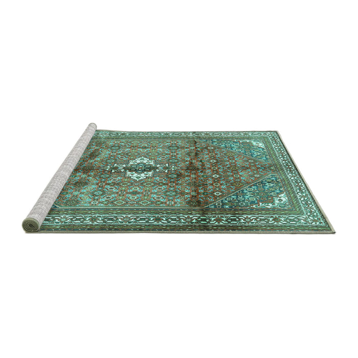 Sideview of Machine Washable Persian Turquoise Traditional Area Rugs, wshtr2901turq