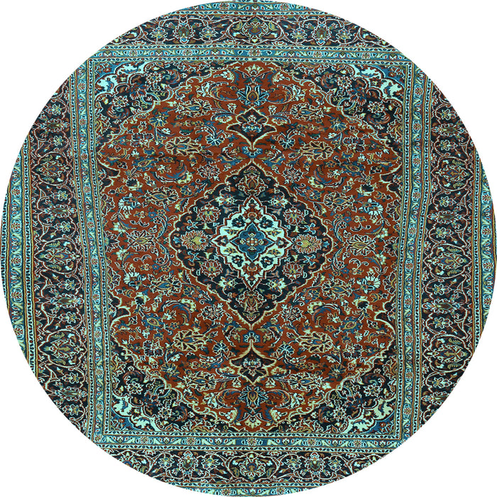 Round Machine Washable Medallion Light Blue Traditional Rug, wshtr2902lblu