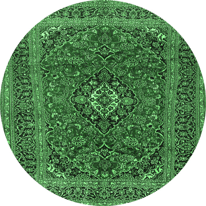 Round Machine Washable Medallion Emerald Green Traditional Area Rugs, wshtr2902emgrn