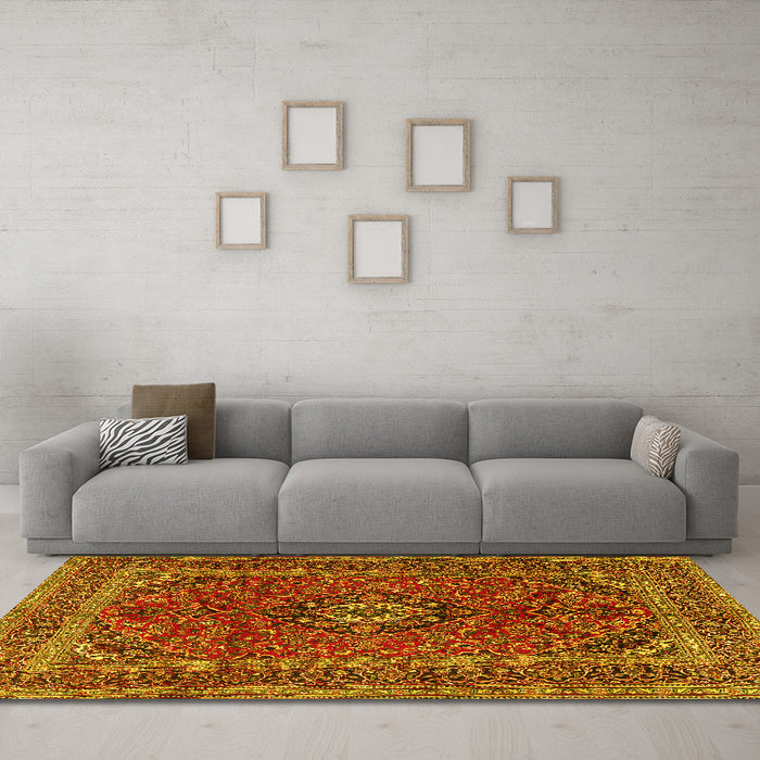 Machine Washable Medallion Yellow Traditional Rug in a Living Room, wshtr2902yw