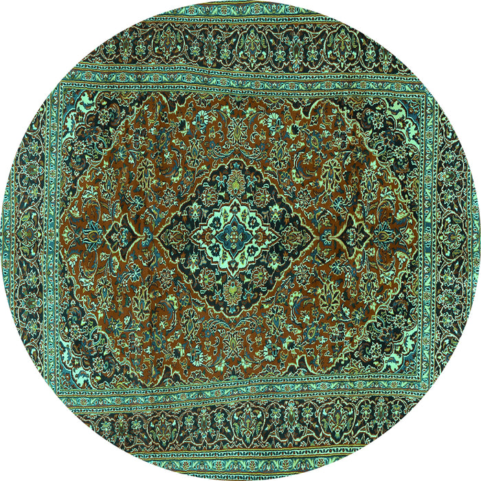 Round Machine Washable Medallion Turquoise Traditional Area Rugs, wshtr2902turq