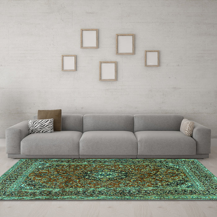 Machine Washable Medallion Turquoise Traditional Area Rugs in a Living Room,, wshtr2902turq
