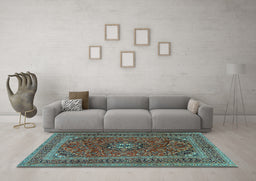 Machine Washable Medallion Light Blue Traditional Rug in a Living Room, wshtr2902lblu
